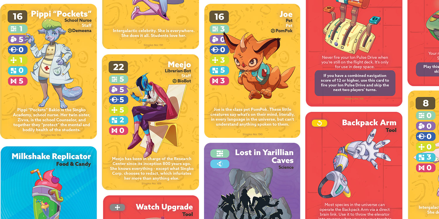 Colorful Space Hoppers character, equipment, and adventure cards