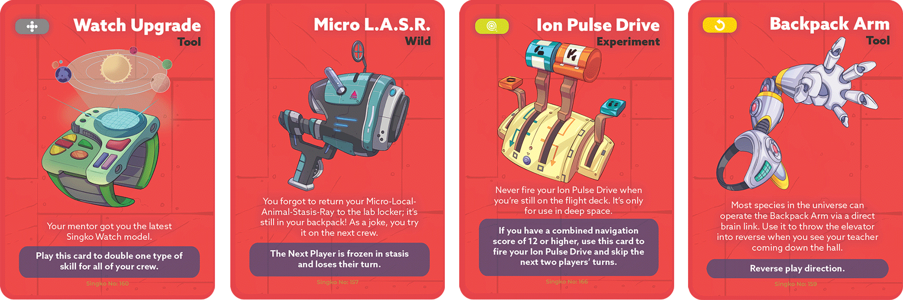 Watch Upgrade, Micro L.A.S.R., Ion Pulse Drive and Backpack Arm cards, with their game effects