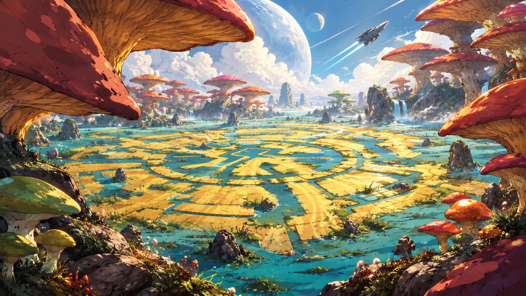 Giant mushrooms, ancient circular ruins, and strange planets on the horizon