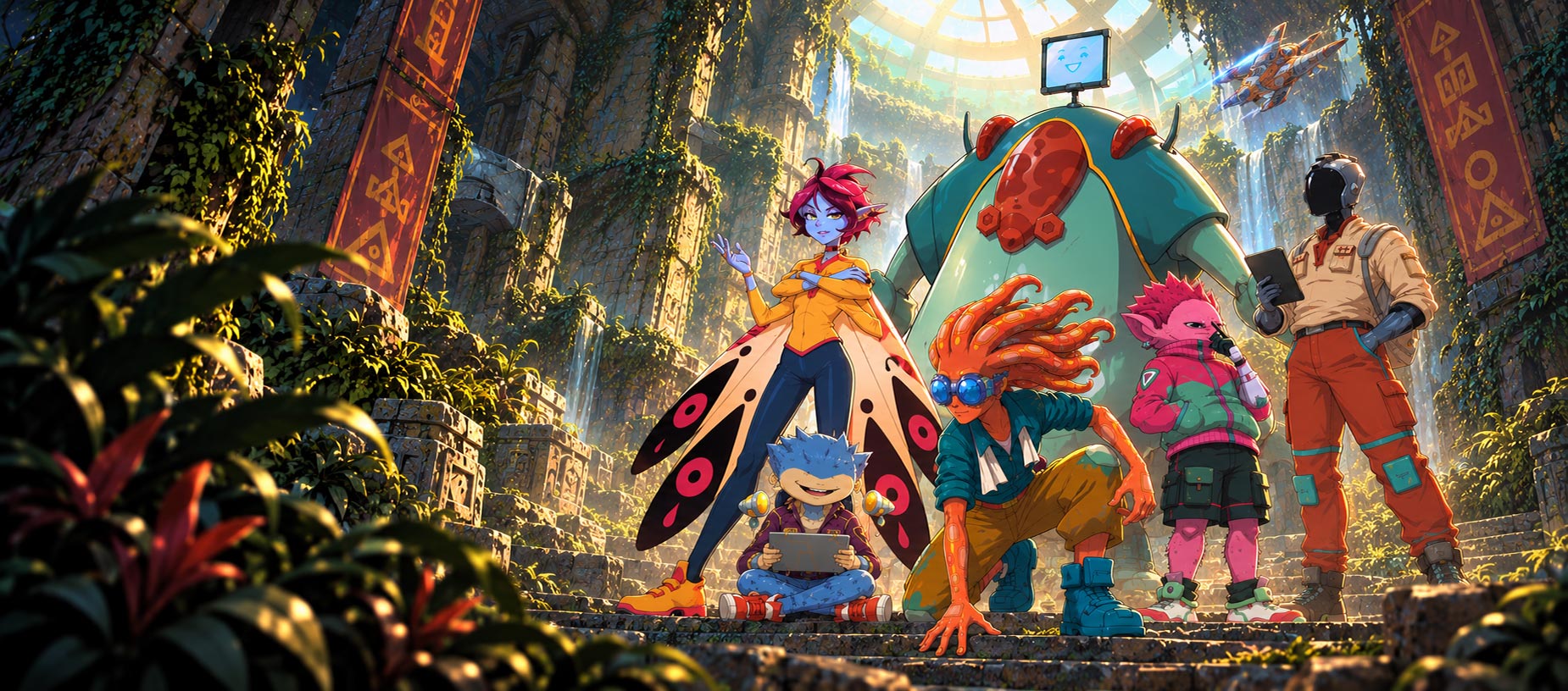 The Space Hoppers Club gathered on sunlit steps inside vine-covered ruins