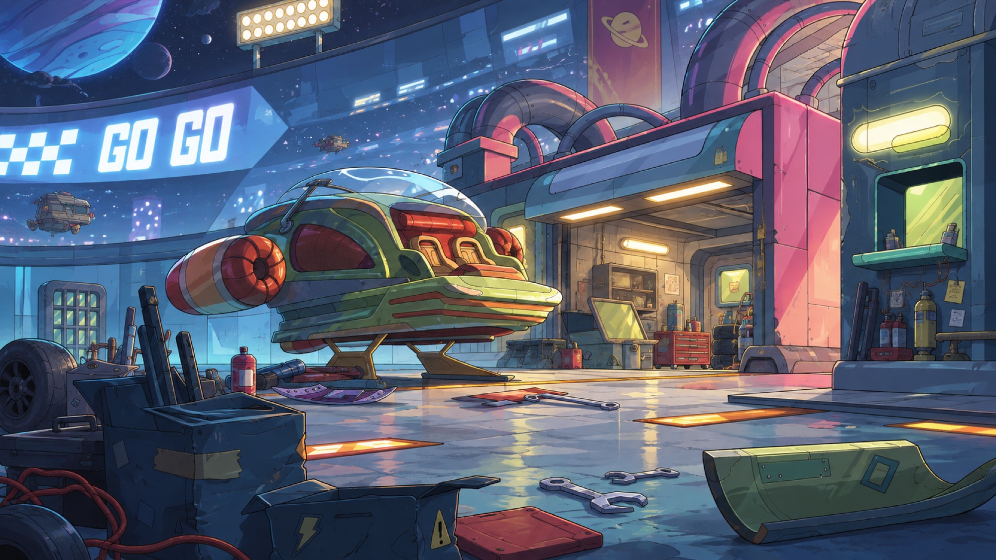 Tools and equipment in a colorful spacecraft workshop