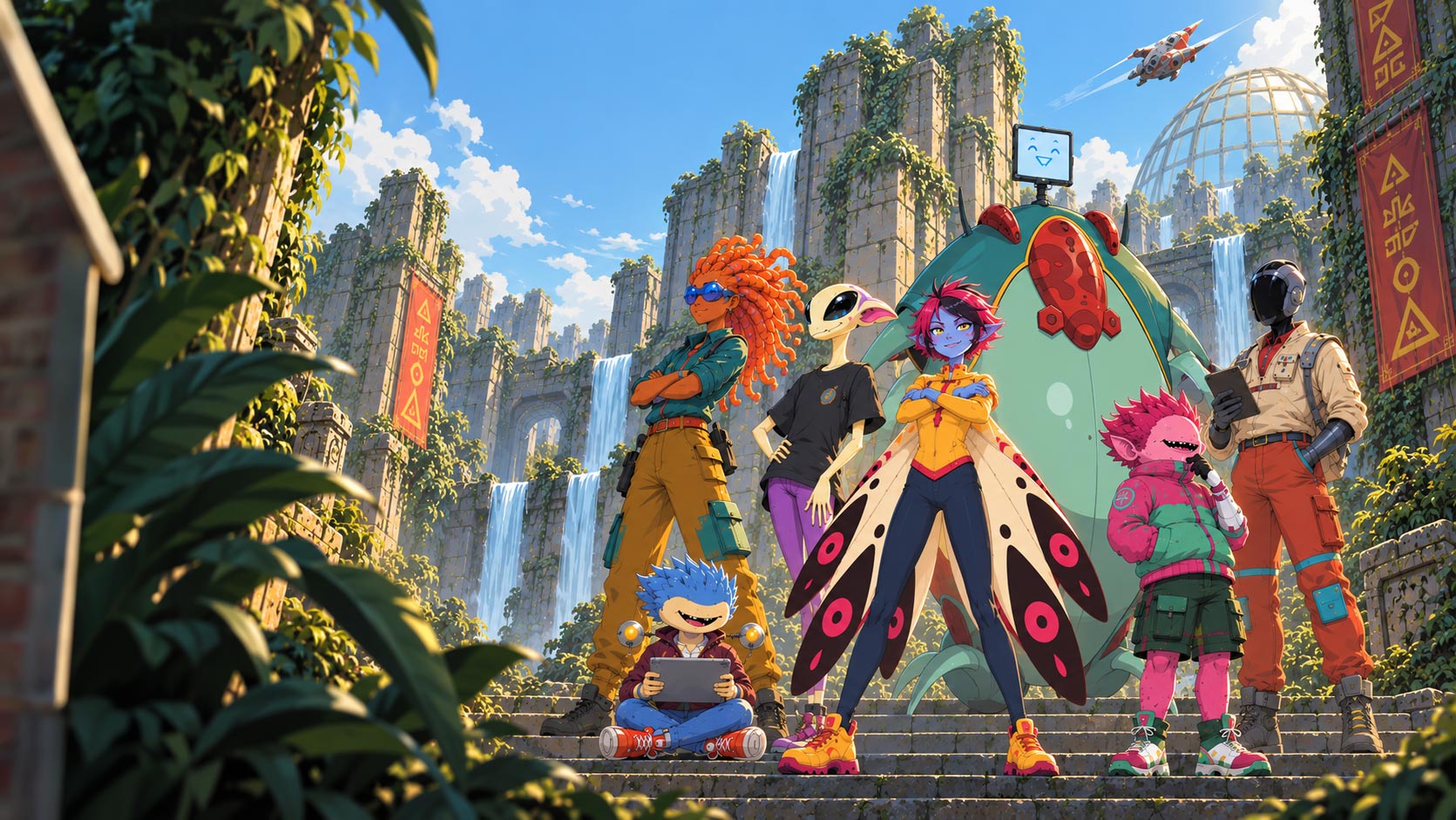 The Space Hoppers Club gathered on temple steps below vine-covered ruins and waterfalls, with a ship overhead